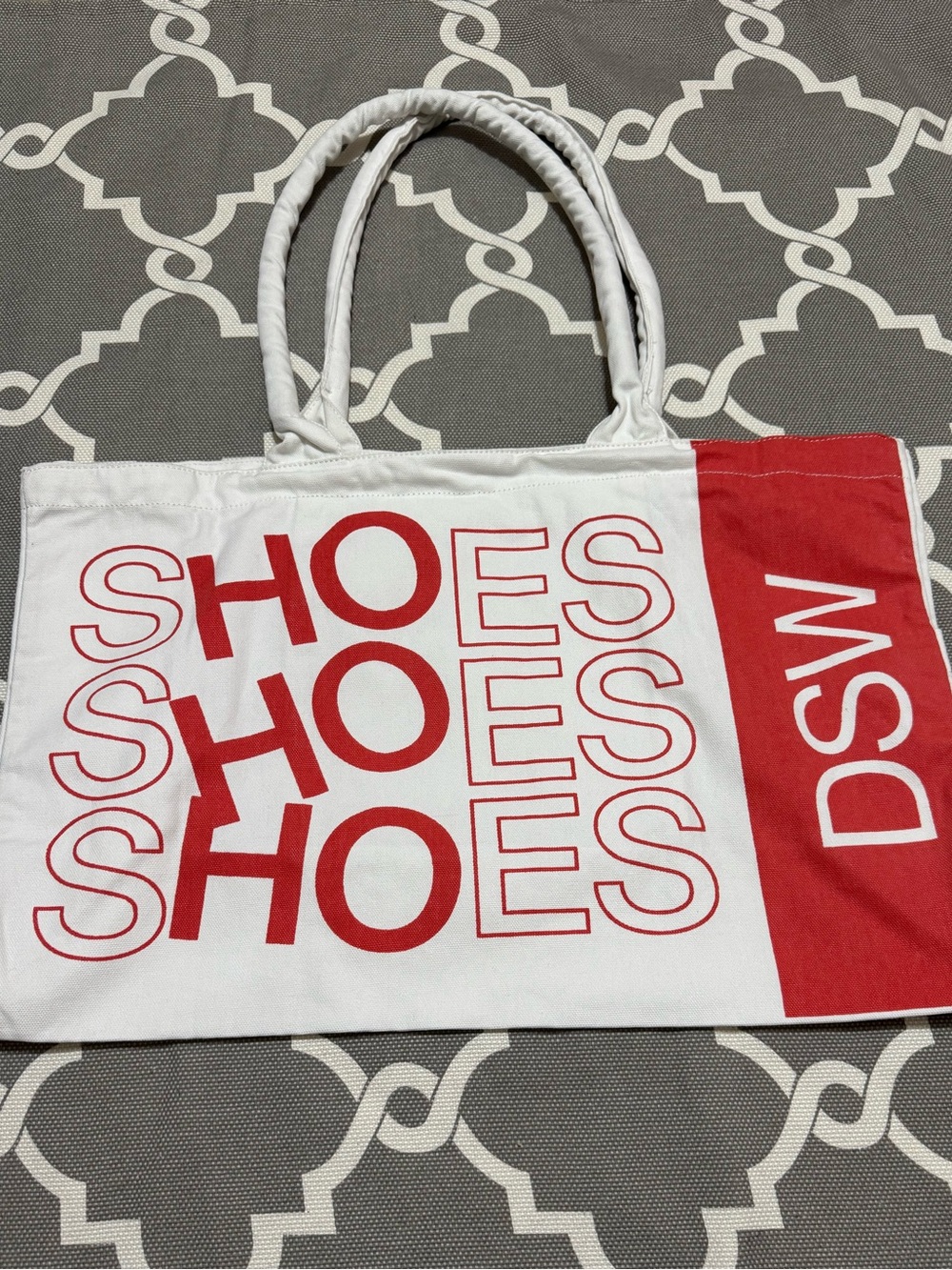 DSW White and Red Canvas Tote with 'SHOES' Print